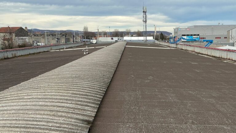 Vue de la toiture du bâtiment AVIS à Clermont-Ferrand avant la dépose de l'ancienne couverture et les travaux d'étanchéité PVC